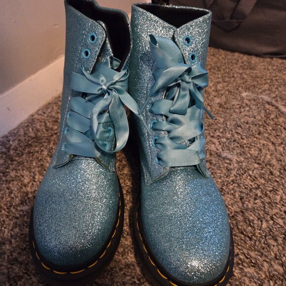 Dr. Martens 1460 Pascal Turquoise Fine Glitter Combat Boots - Picture 1 of 4